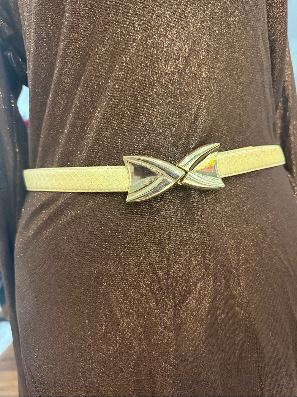 Yellow Leather Belt with Gold Bow Buckle - Women's Accessory